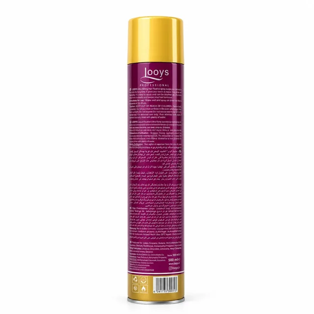 نمای پشت اسپری حالت دهنده مو لویز LOOYS مدل Ultra Strong حجم ۵۰۰ میلی لیتر