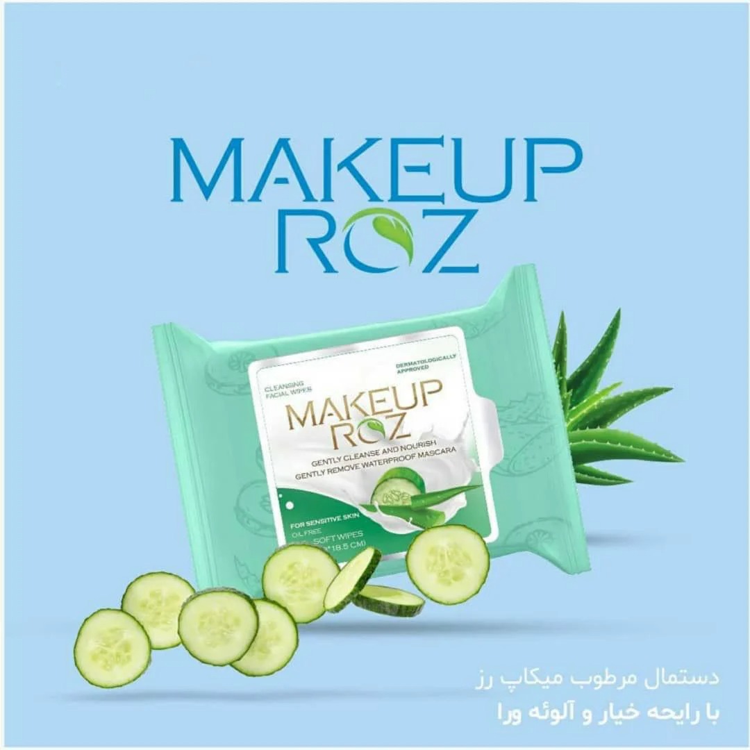دستمال مرطوب آرایش پاک کن حاوی عصاره خیار و آلوئه ورا مناسب پوست های حساس بسته 25 عددی میکاپ رز